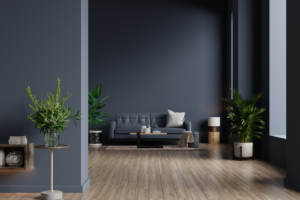 Interior Of Living Room With Sofa On Empty Dark Blue Wall 3d Rendering 300x200